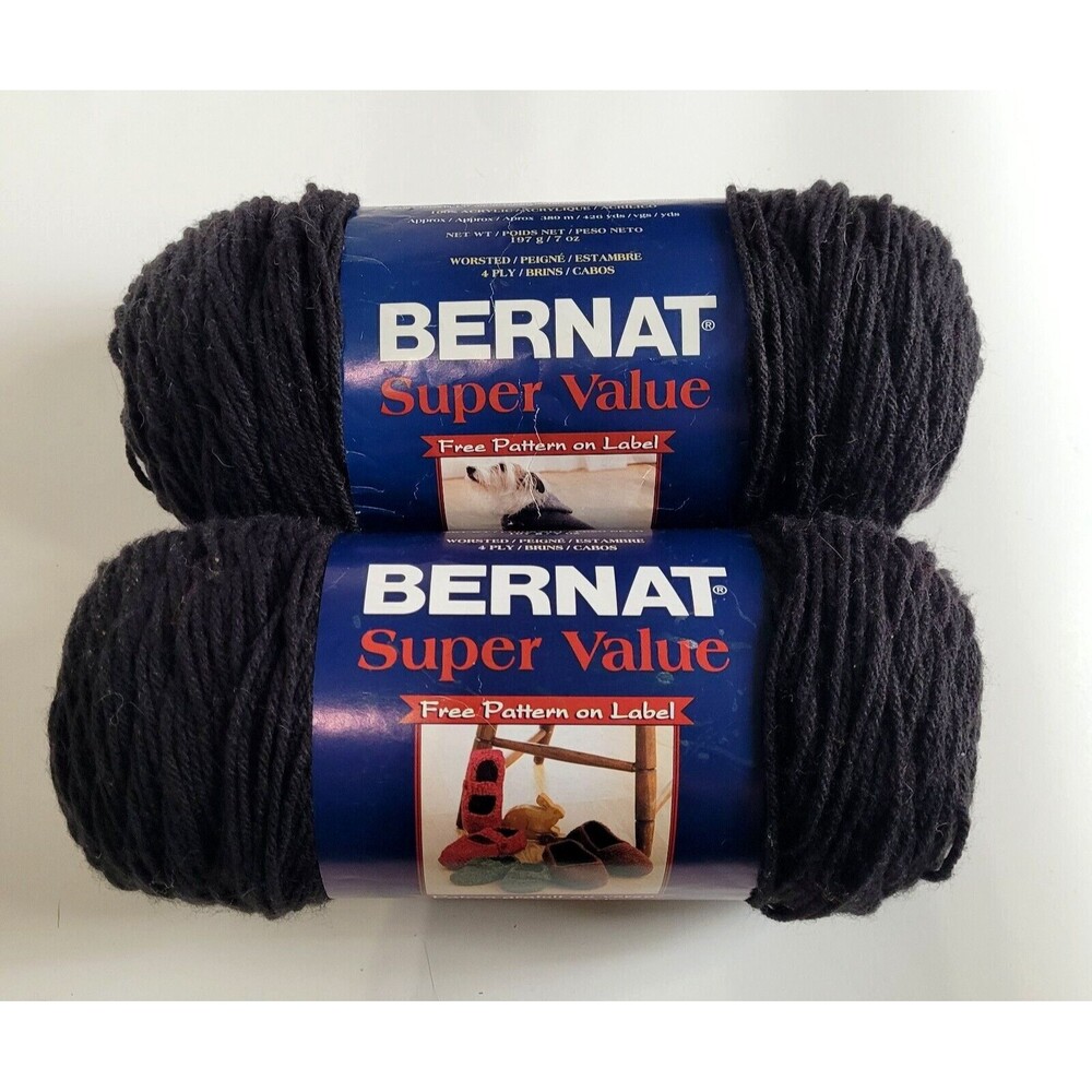2 Skeins Bernat Super Value Lot Black 7 oz ea Acrylic No Dye Lot 164053-07421